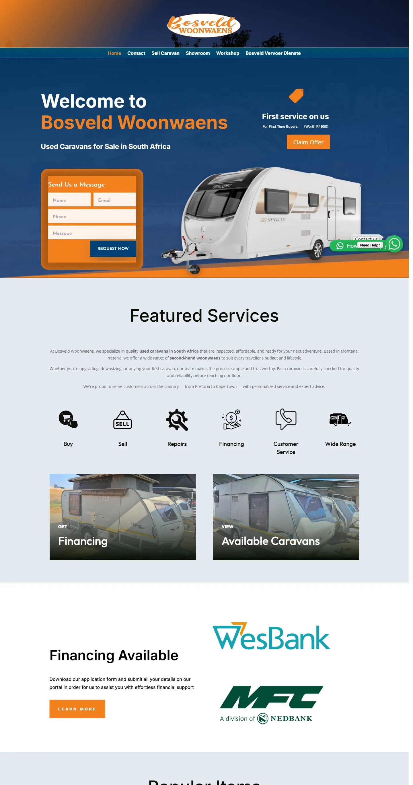 Home page of the Bosveld Woonwaens website, designed and built by MJDesigns