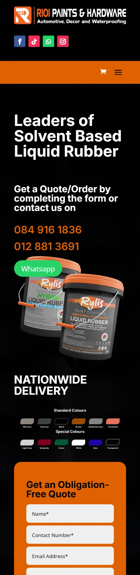 Mobile view of the R101 Paints website