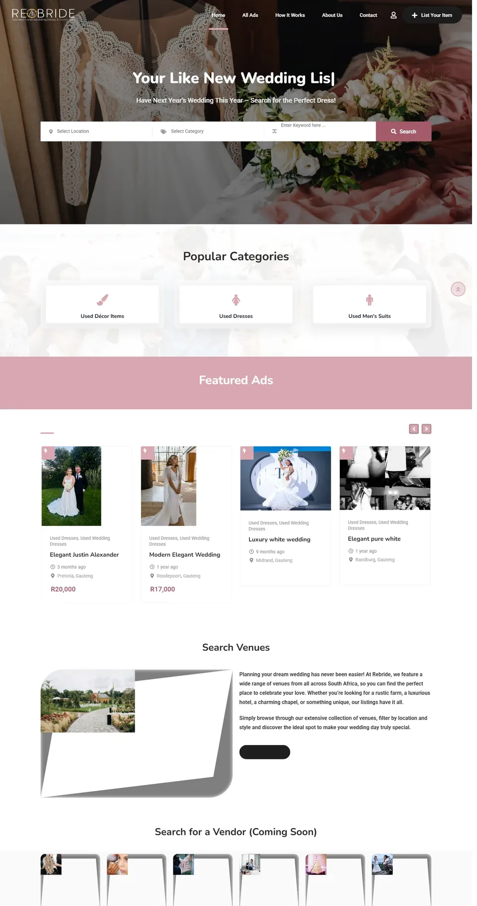 Home page of the ReBride website, designed and built by MJDesigns