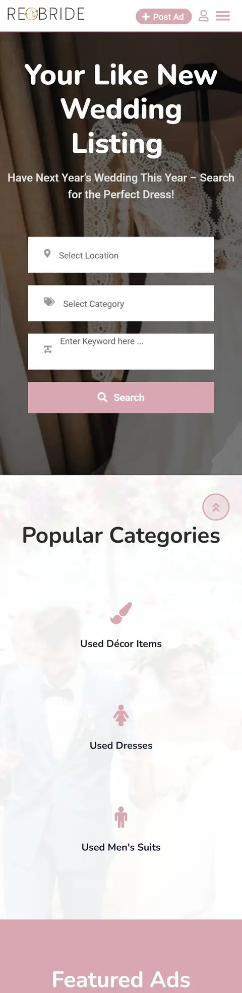 Mobile view of the ReBride website