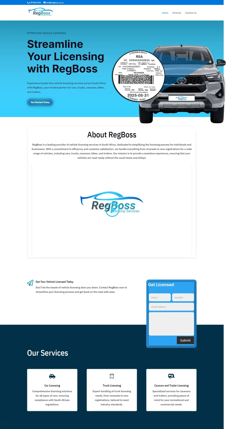 Home page of the RegBoss website, designed and built by MJDesigns